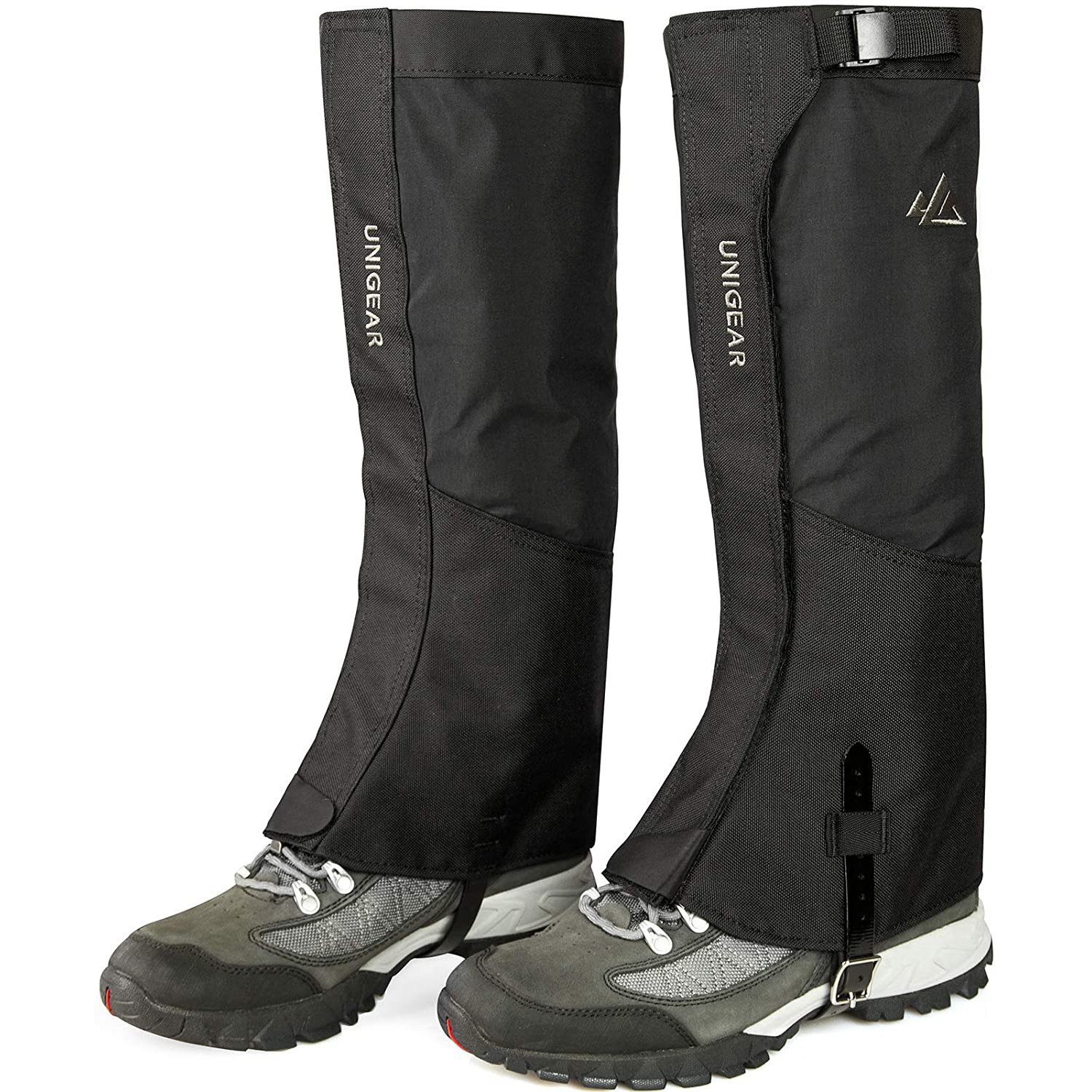 A pair of 1000D Waterproof Leg Gaiters in black, showcasing their durable and water-resistant fabric, adjustable straps, and ergonomic design.