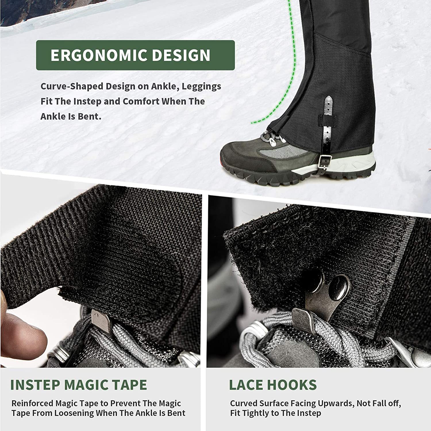 A pair of 1000D Waterproof Leg Gaiters in black, showcasing their durable and water-resistant fabric, adjustable straps, and ergonomic design.