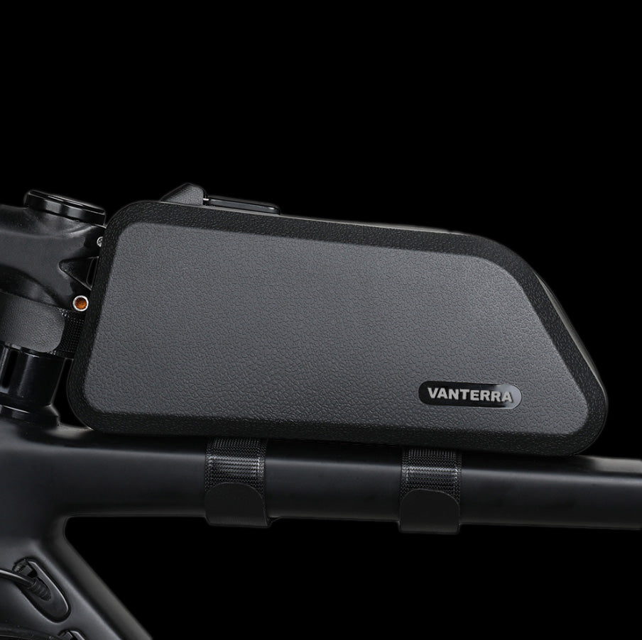 A waterproof 1.5L Top Tube Frame Bag mounted on a bicycle, showcasing its sleek design and secure fit.