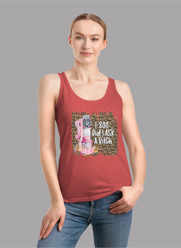 1-800-Did Women Tank Top in a stylish racer back design, showcasing its curved back hem and Neoteric™ fabric.