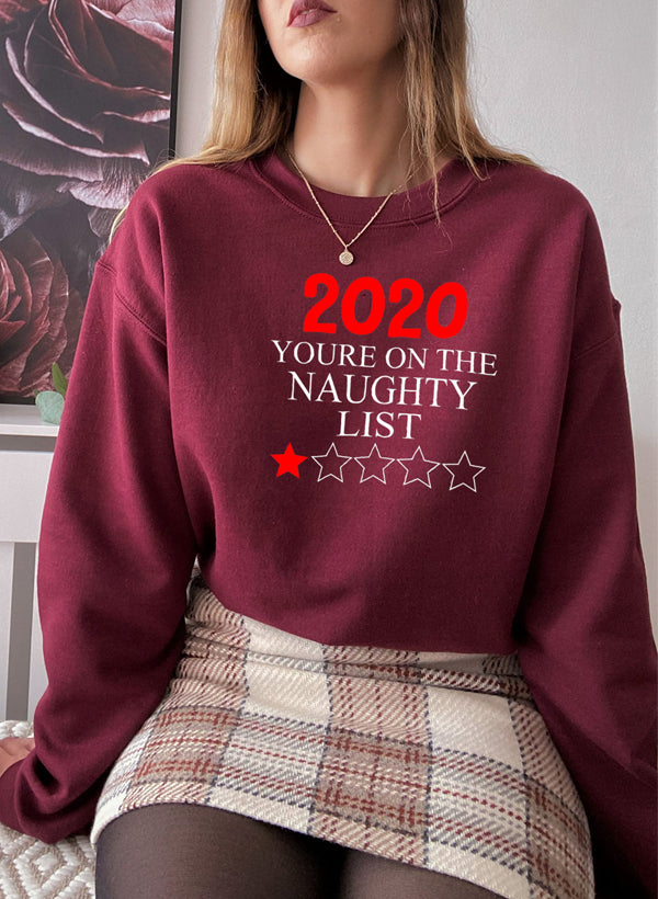 2020 You're On The Naughty List Sweat Shirt featuring a cozy fleece design and adjustable cuffs, perfect for holiday wear.