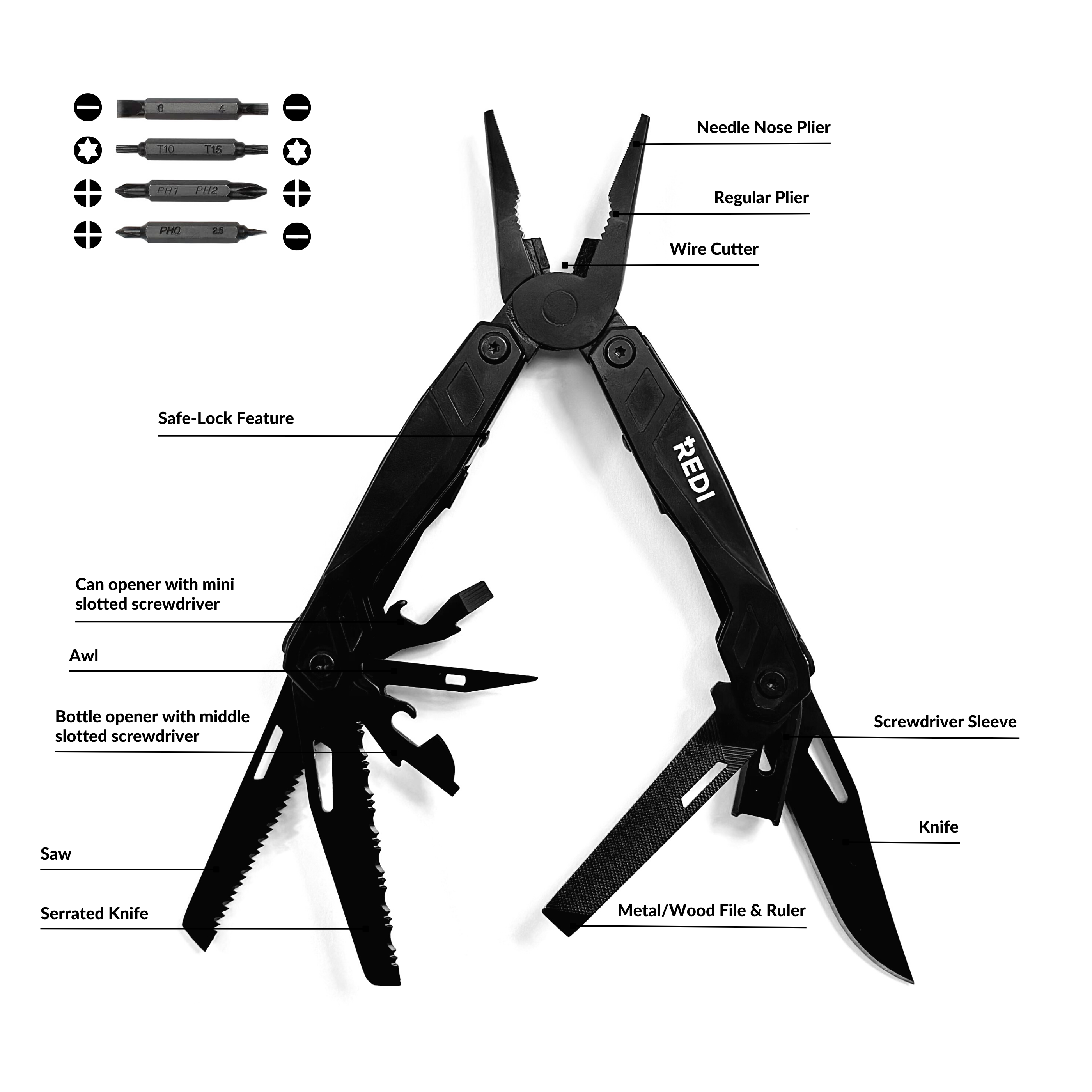 A compact 21-in-1 stainless steel multi-tool featuring pliers, knife, saw, and various other tools, ideal for outdoor and everyday use.