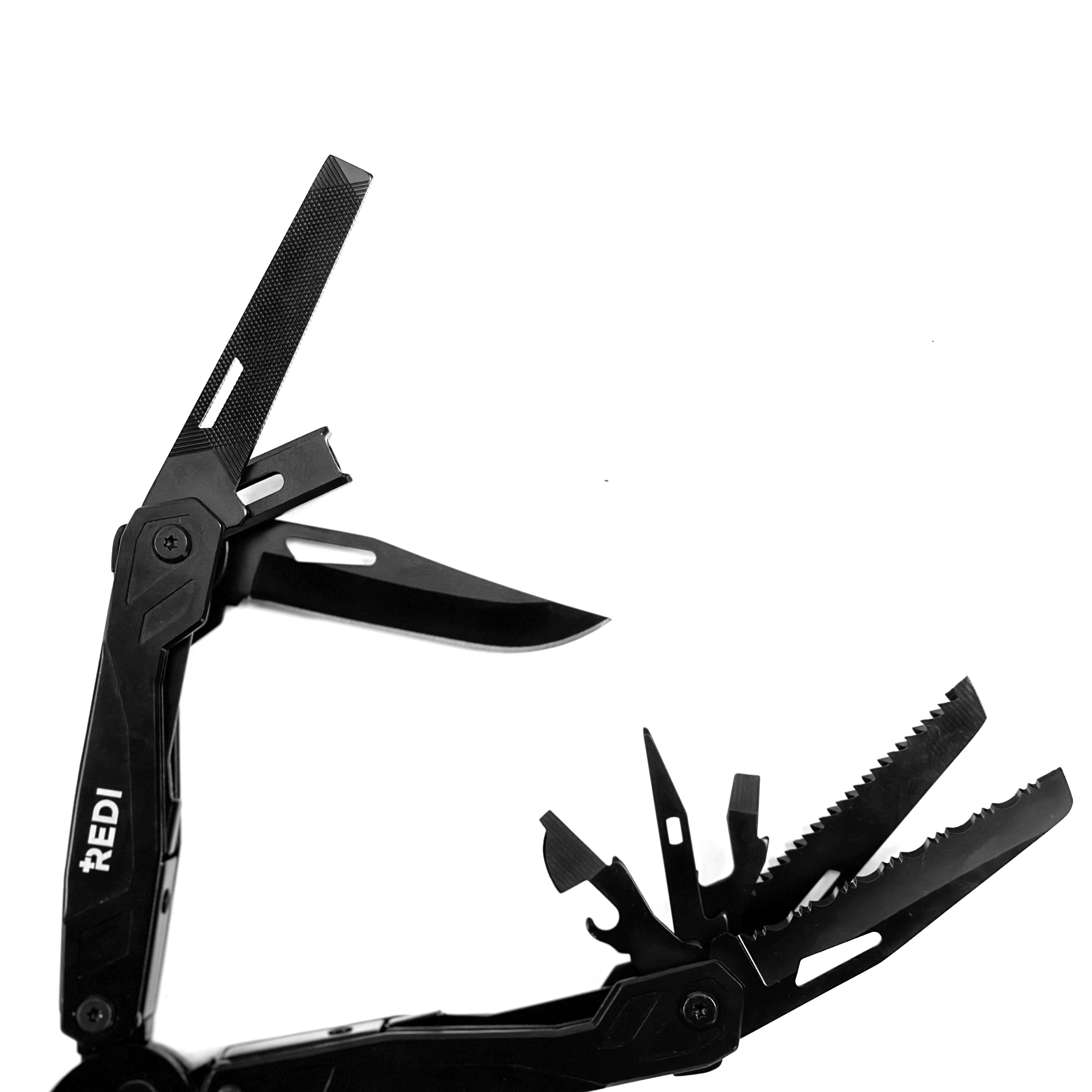 A compact 21-in-1 stainless steel multi-tool featuring pliers, knife, saw, and various other tools, ideal for outdoor and everyday use.