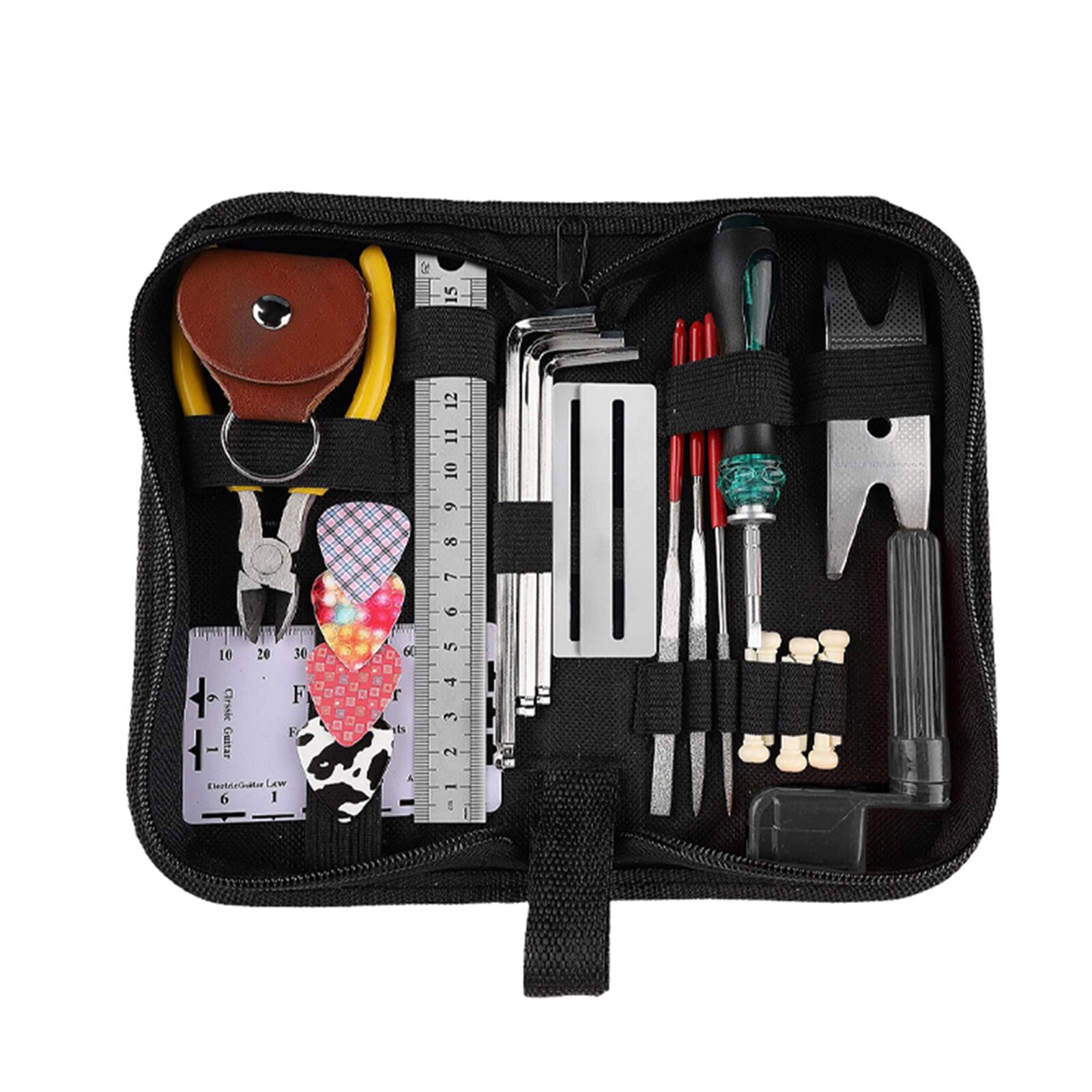 25 Pieces Guitar Repair Tool Kit including string winder, cutter, picks, and pin puller, designed for guitar maintenance.