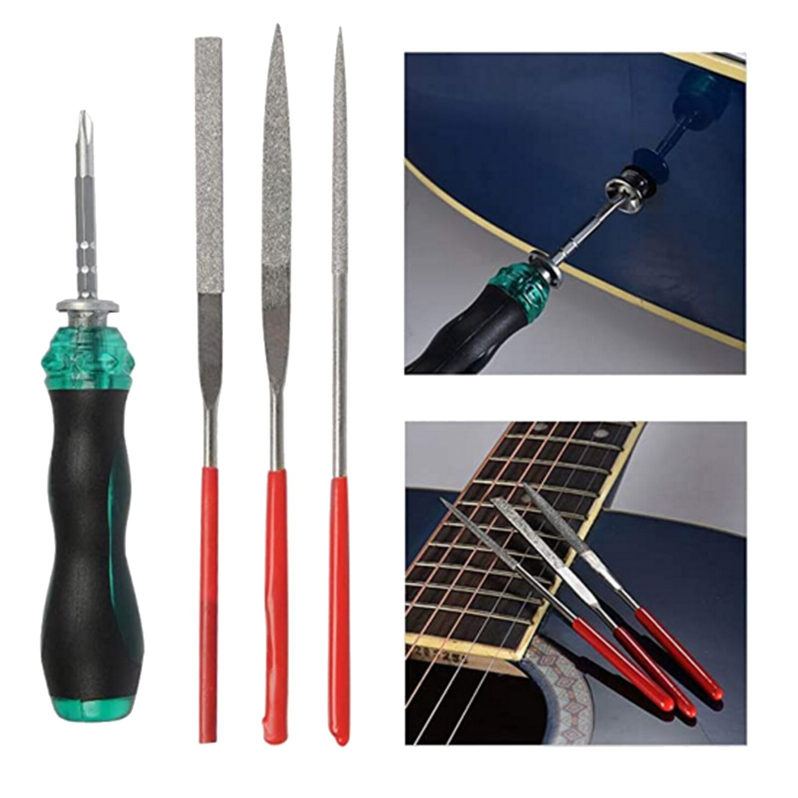 25 Pieces Guitar Repair Tool Kit including string winder, cutter, picks, and pin puller, designed for guitar maintenance.