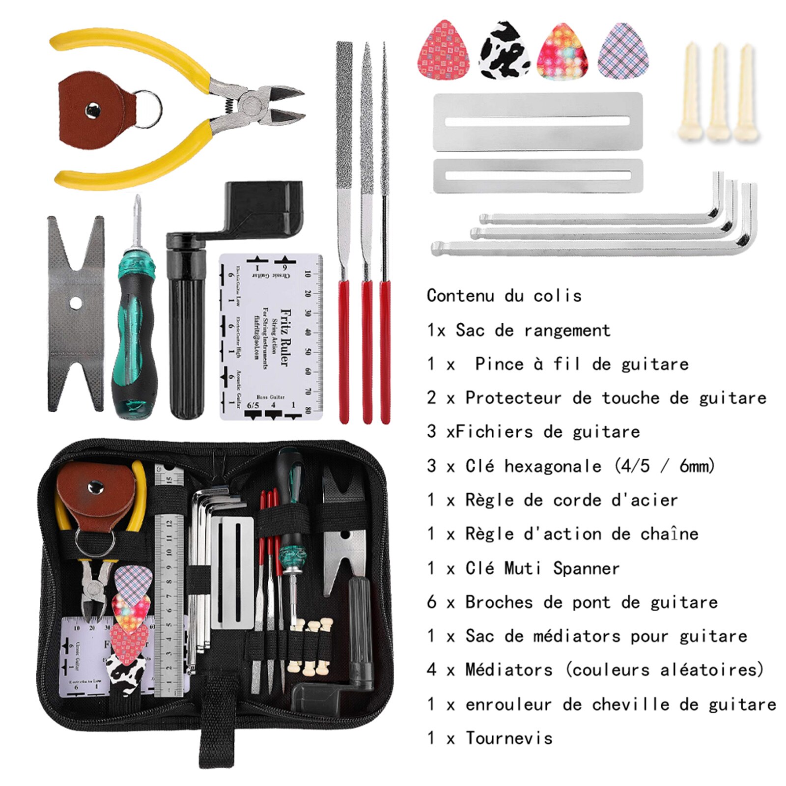 25 Pieces Guitar Repair Tool Kit including string winder, cutter, picks, and pin puller, designed for guitar maintenance.