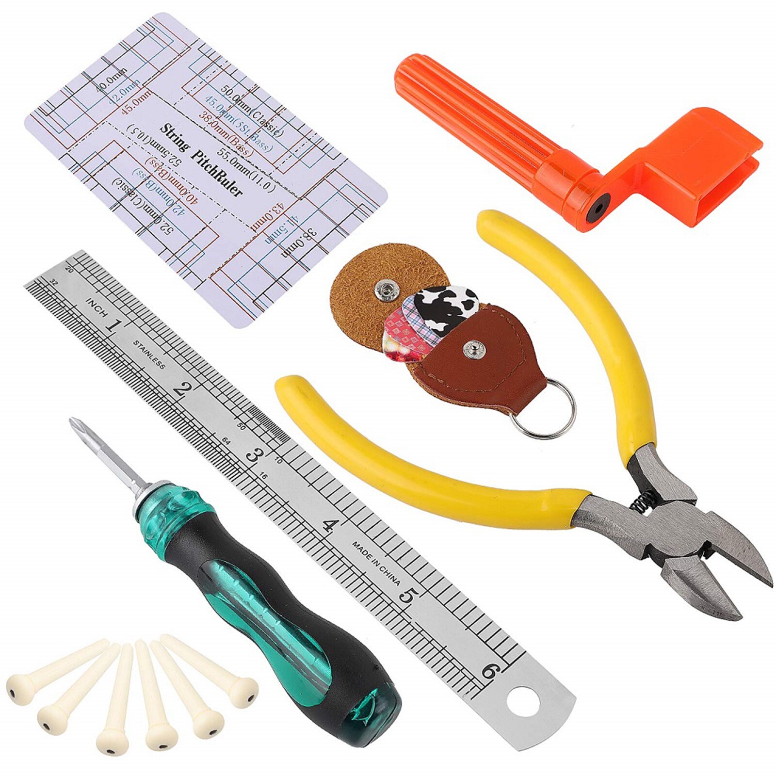 25 Pieces Guitar Repair Tool Kit including string winder, cutter, picks, and pin puller, designed for guitar maintenance.