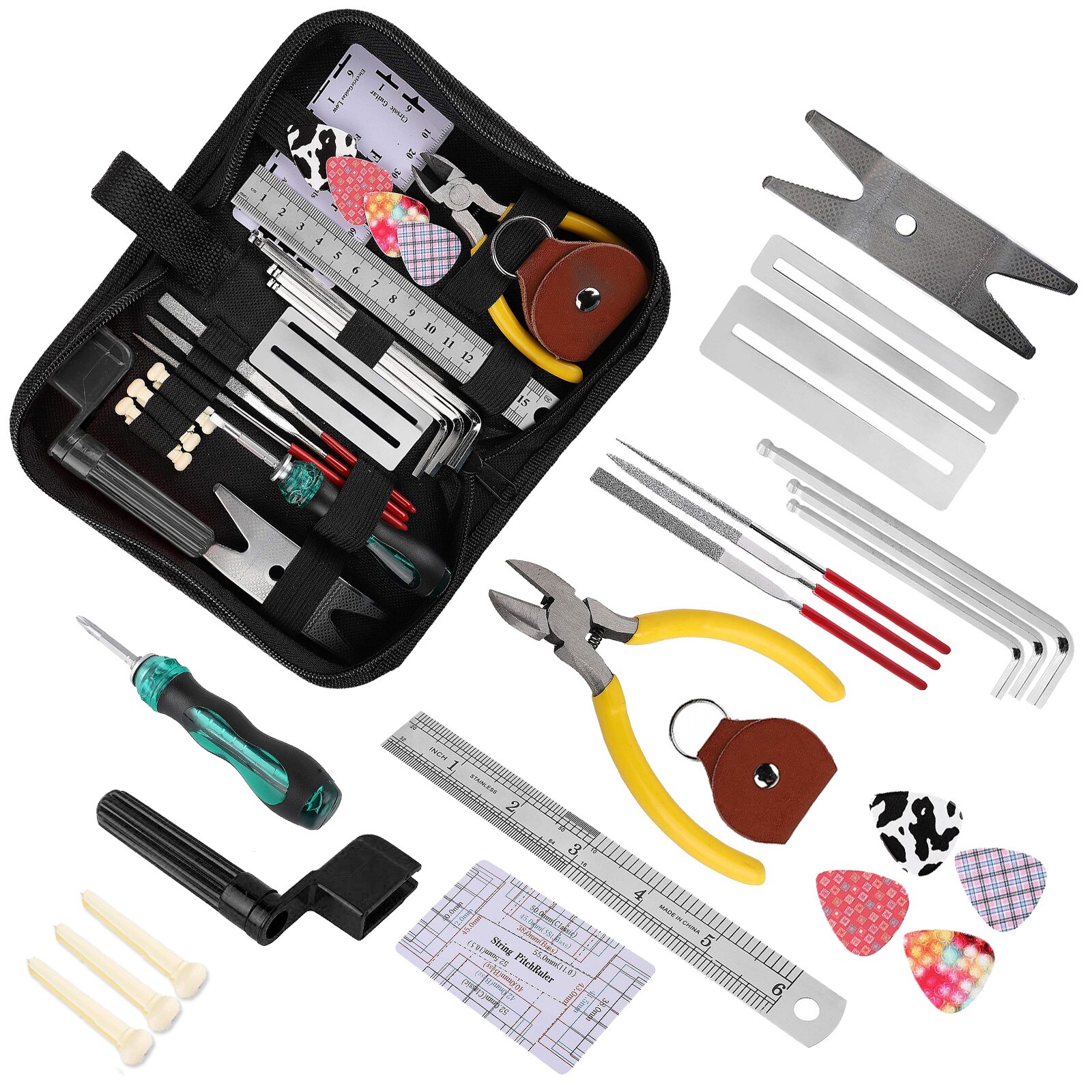 25 Pieces Guitar Repair Tool Kit including string winder, cutter, picks, and pin puller, designed for guitar maintenance.