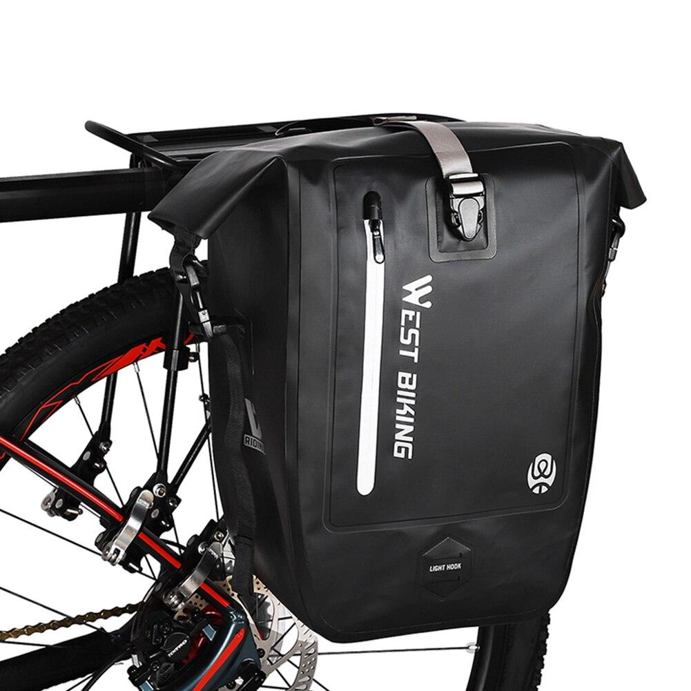 25L Waterproof Bicycle Carrier Bags mounted on a mountain bike rear seat rack, showcasing their spacious design and waterproof features.