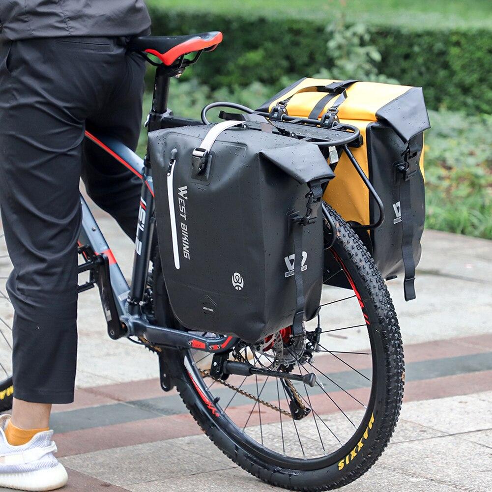 25L Waterproof Bicycle Carrier Bags mounted on a mountain bike rear seat rack, showcasing their spacious design and waterproof features.