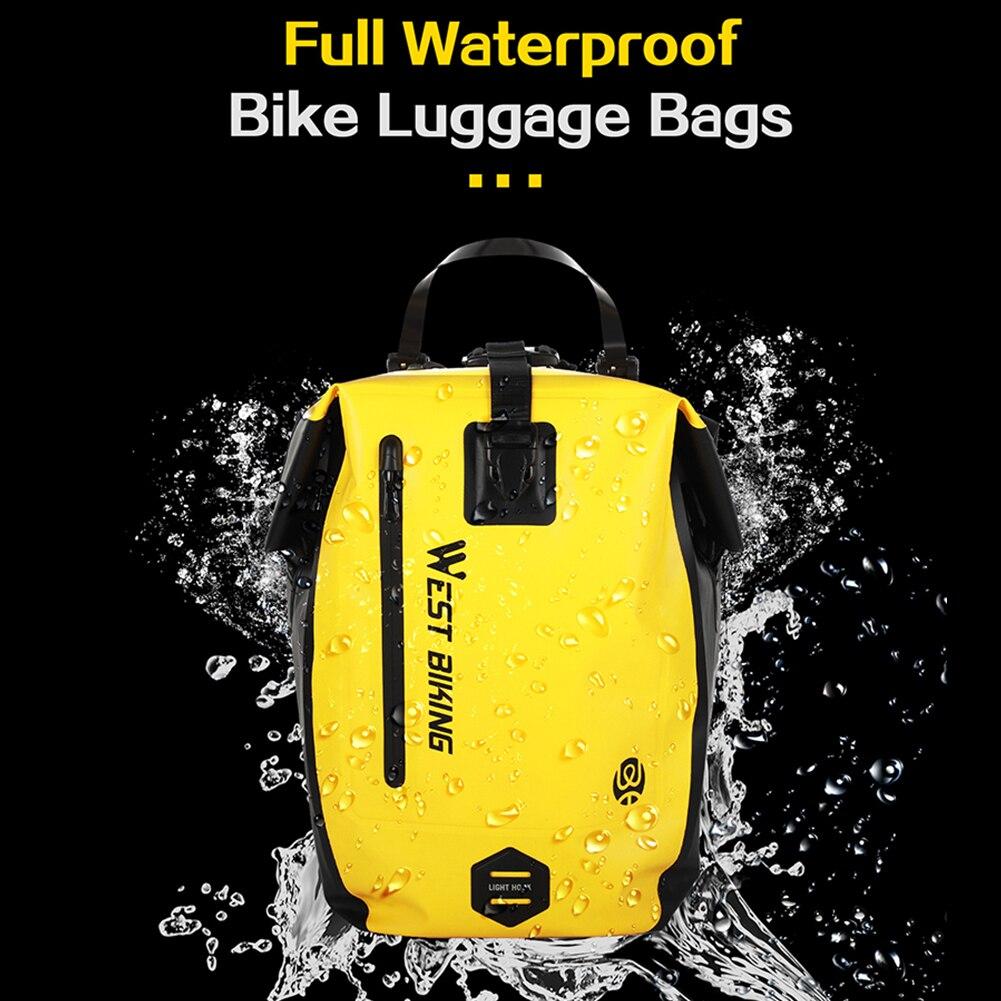 25L Waterproof Bicycle Carrier Bags mounted on a mountain bike rear seat rack, showcasing their spacious design and waterproof features.