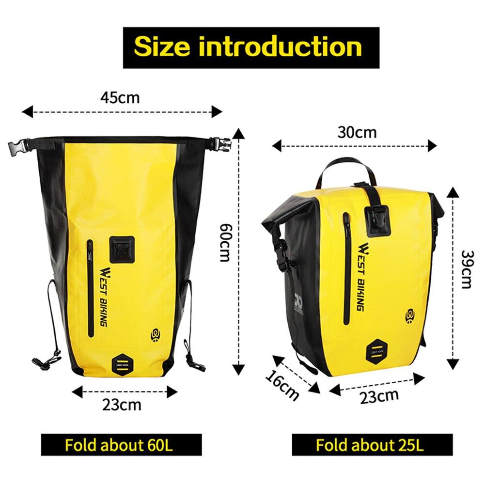 25L Waterproof Bicycle Carrier Bags mounted on a mountain bike rear seat rack, showcasing their spacious design and waterproof features.