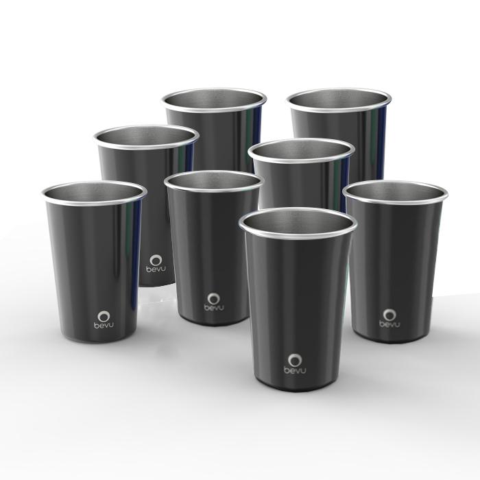 Bevu® FIESTA 8 Cups Stainless Steel Black Set, showcasing eight sleek, durable cups stacked together, perfect for parties and outdoor use.