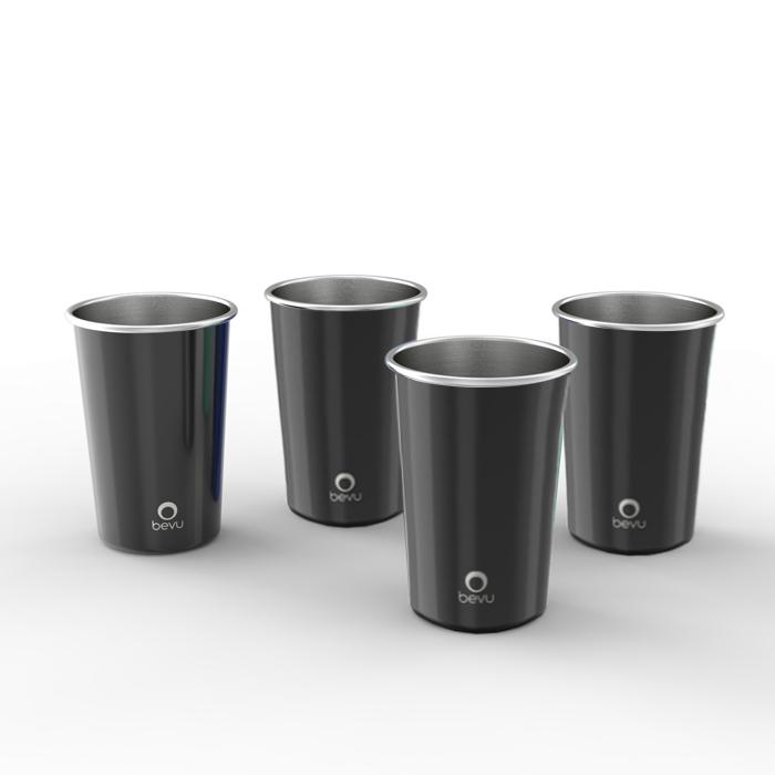 Bevu® FIESTA 8 Cups Stainless Steel Black Set, showcasing eight sleek, durable cups stacked together, perfect for parties and outdoor use.