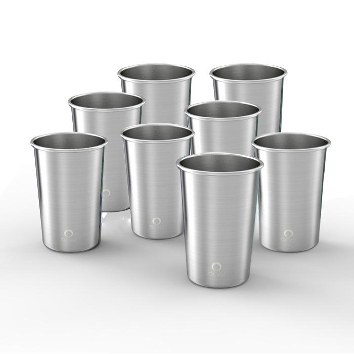 A set of 8 Bevu® stainless steel cups, each with a sleek design, perfect for parties and outdoor activities.