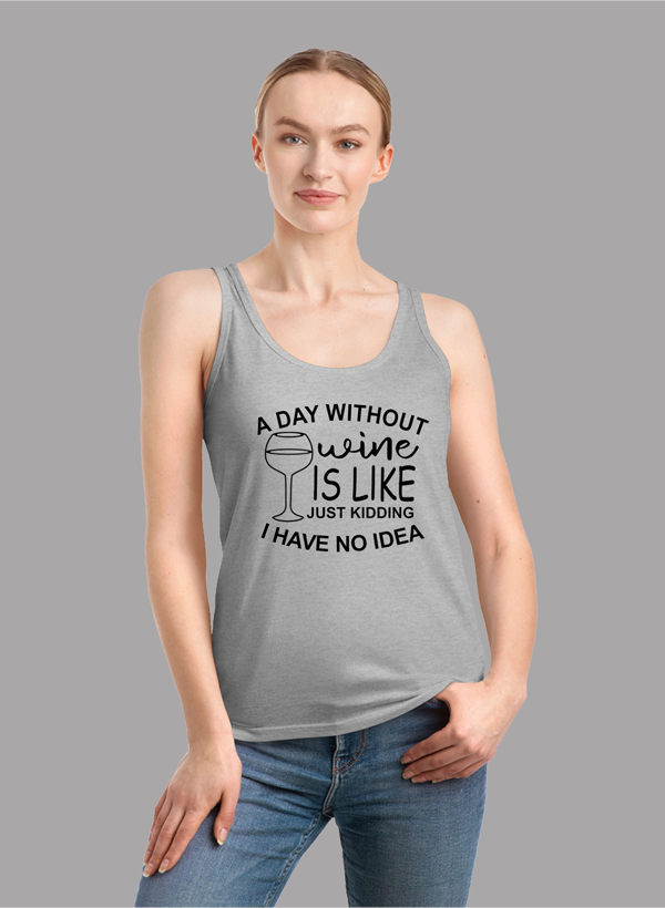 A DAY WITHOUT WINE Women Tank Top featuring a racer back style and curved back hem in a vibrant color.