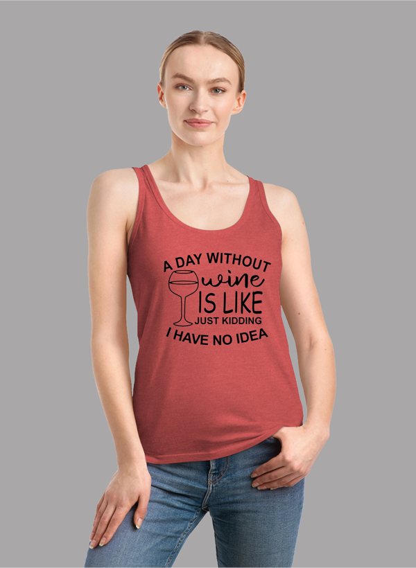 A DAY WITHOUT WINE Women Tank Top featuring a racer back style and curved back hem in a vibrant color.