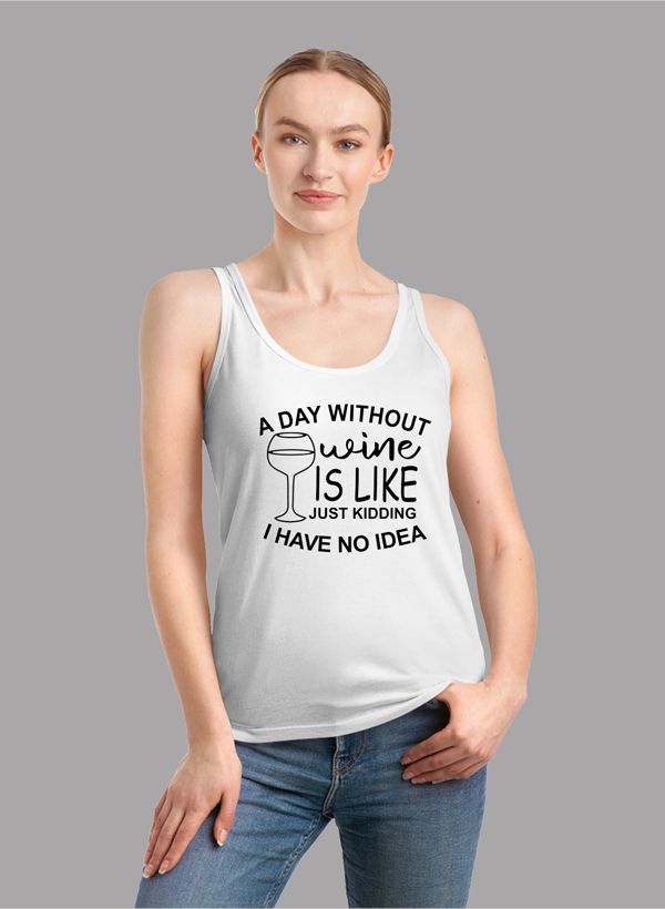 A DAY WITHOUT WINE Women Tank Top featuring a racer back style and curved back hem in a vibrant color.