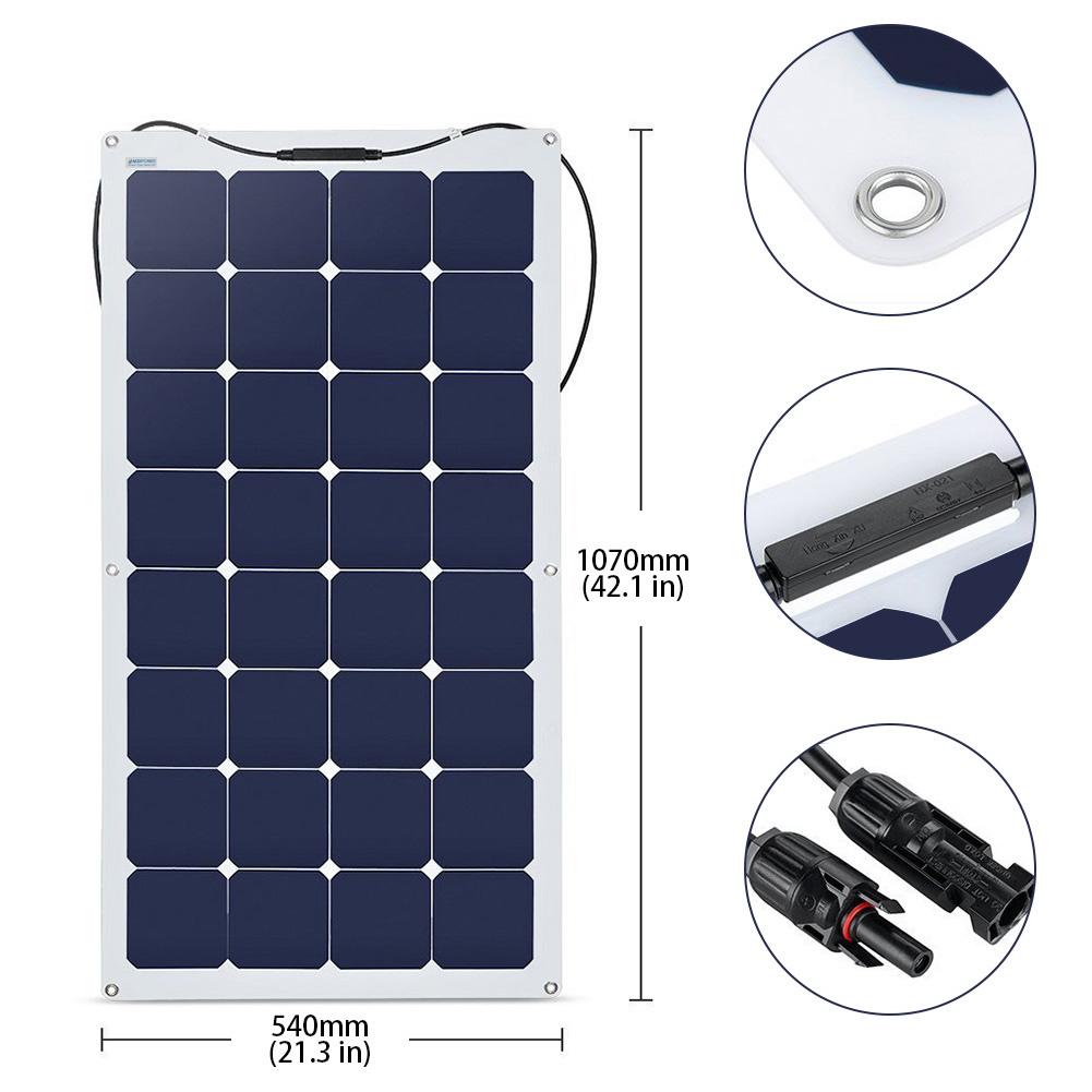 ACOPOWER 110 Watt Flexible Solar Panel showcasing its lightweight design and flexible structure, ideal for various applications like RVs and boats.