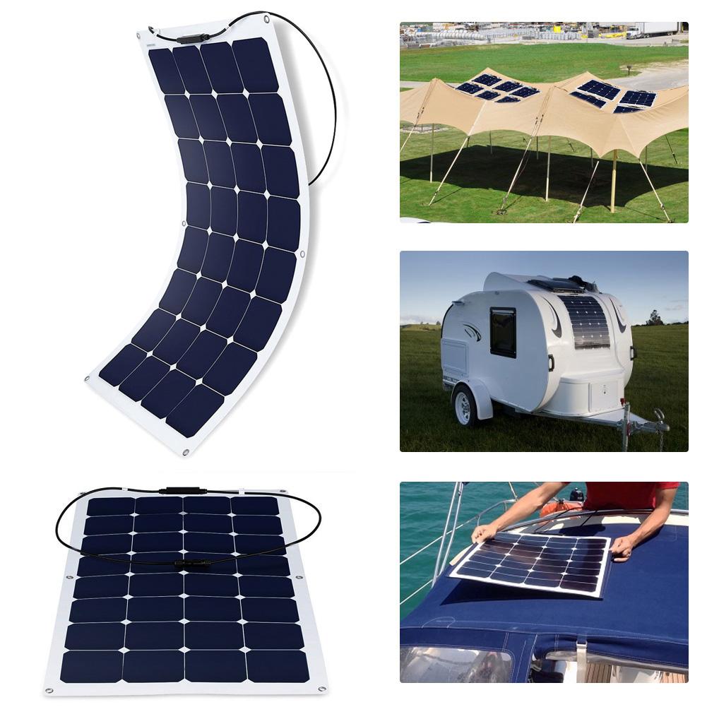 ACOPOWER 110 Watt Flexible Solar Panel showcasing its lightweight design and flexible structure, ideal for various applications like RVs and boats.