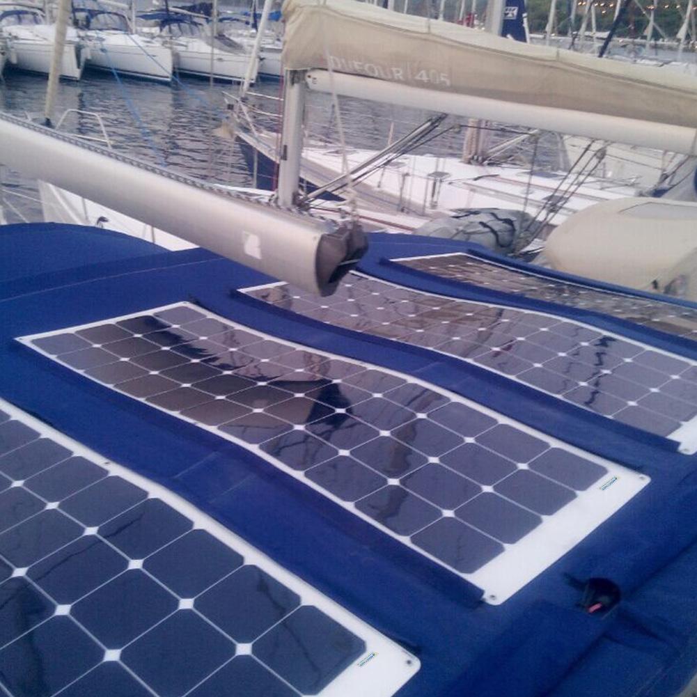 ACOPOWER 110 Watt Flexible Solar Panel showcasing its lightweight design and flexible structure, ideal for various applications like RVs and boats.