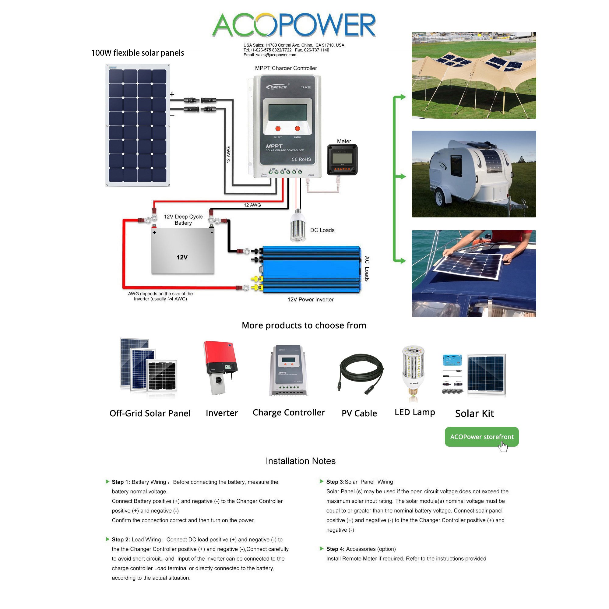 ACOPOWER 110 Watt Flexible Solar Panel showcasing its lightweight design and flexible structure, ideal for various applications like RVs and boats.