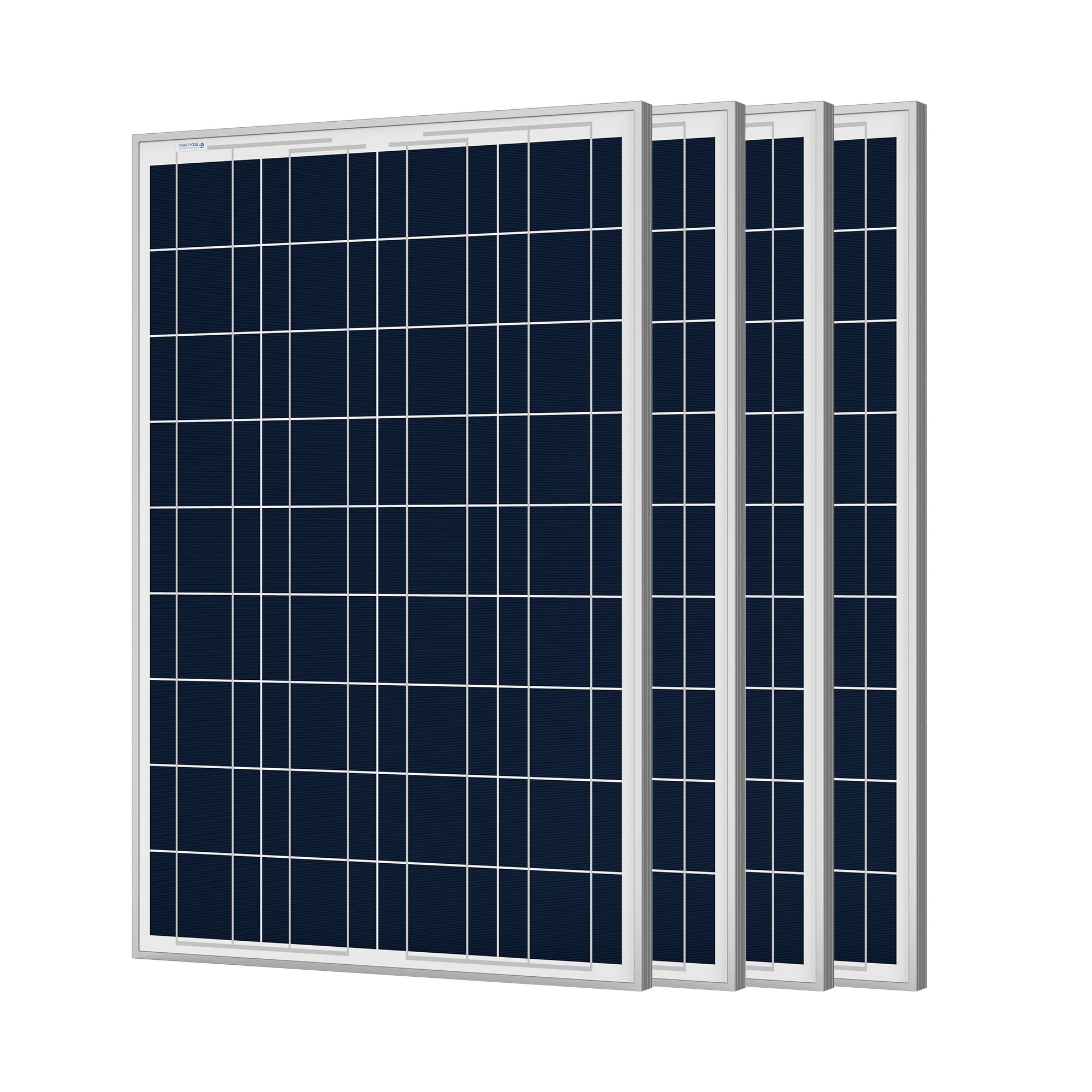 ACOPOWER 100 Watt Poly Solar Panel mounted on a vehicle roof, showcasing its lightweight aluminum frame and pre-drilled holes for easy installation.