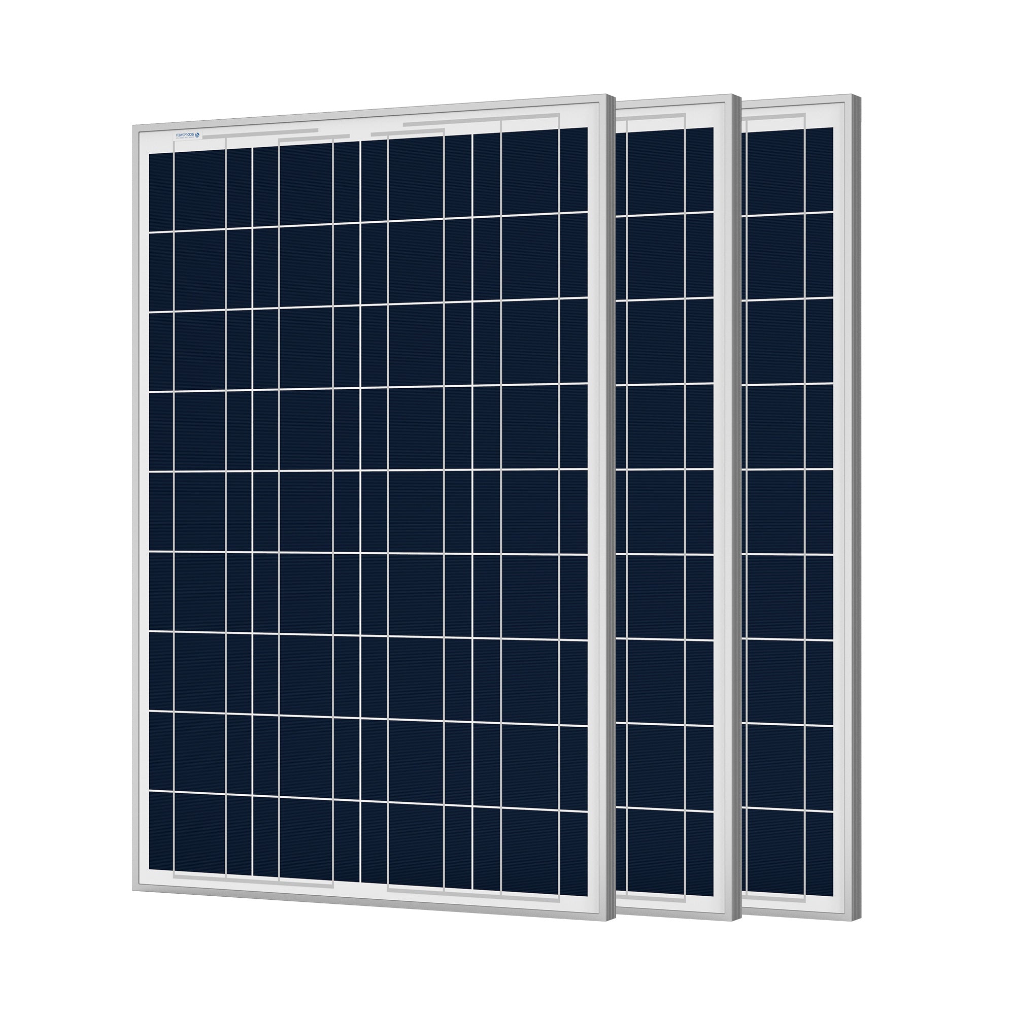 ACOPOWER 100 Watt Poly Solar Panel mounted on a vehicle roof, showcasing its lightweight aluminum frame and pre-drilled holes for easy installation.