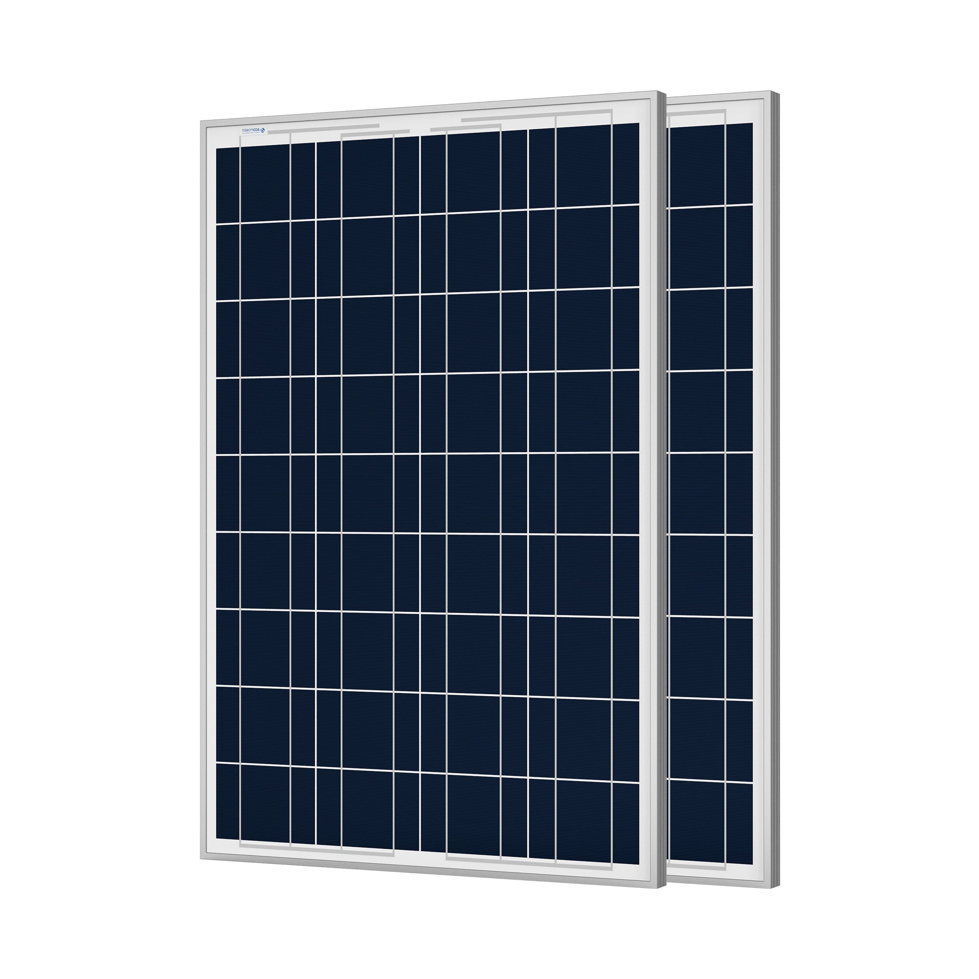 ACOPOWER 100 Watt Poly Solar Panel mounted on a vehicle roof, showcasing its lightweight aluminum frame and pre-drilled holes for easy installation.