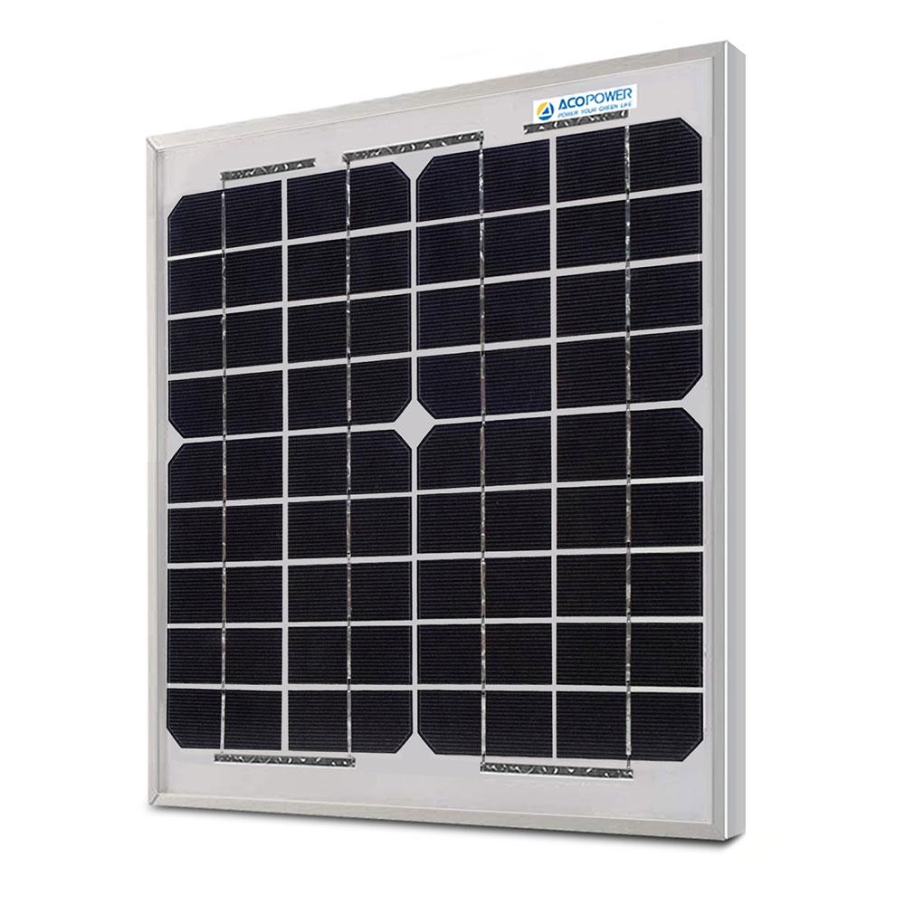 ACOPOWER 10W Mono Solar Panel designed for 12V battery charging, featuring a compact design with pre-drilled holes for easy installation.