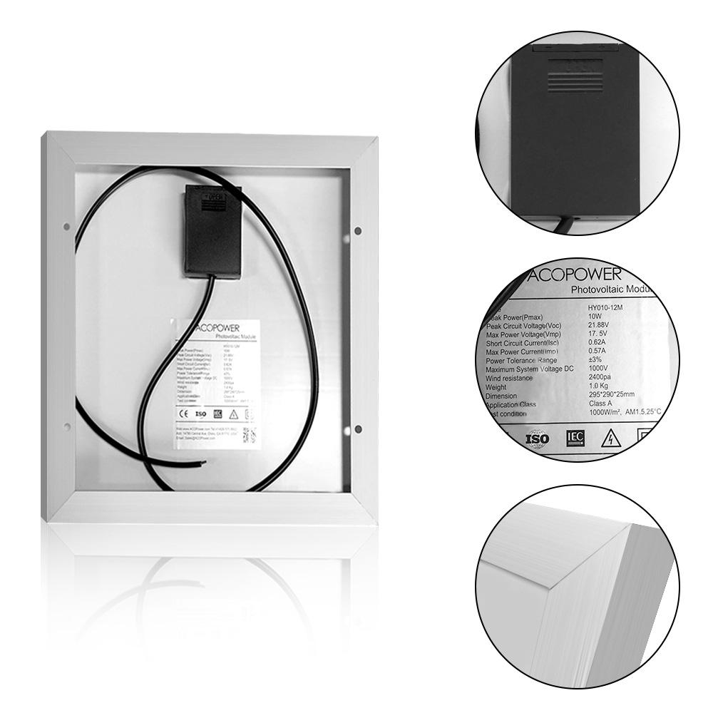 ACOPOWER 10W Mono Solar Panel designed for 12V battery charging, featuring a compact design with pre-drilled holes for easy installation.