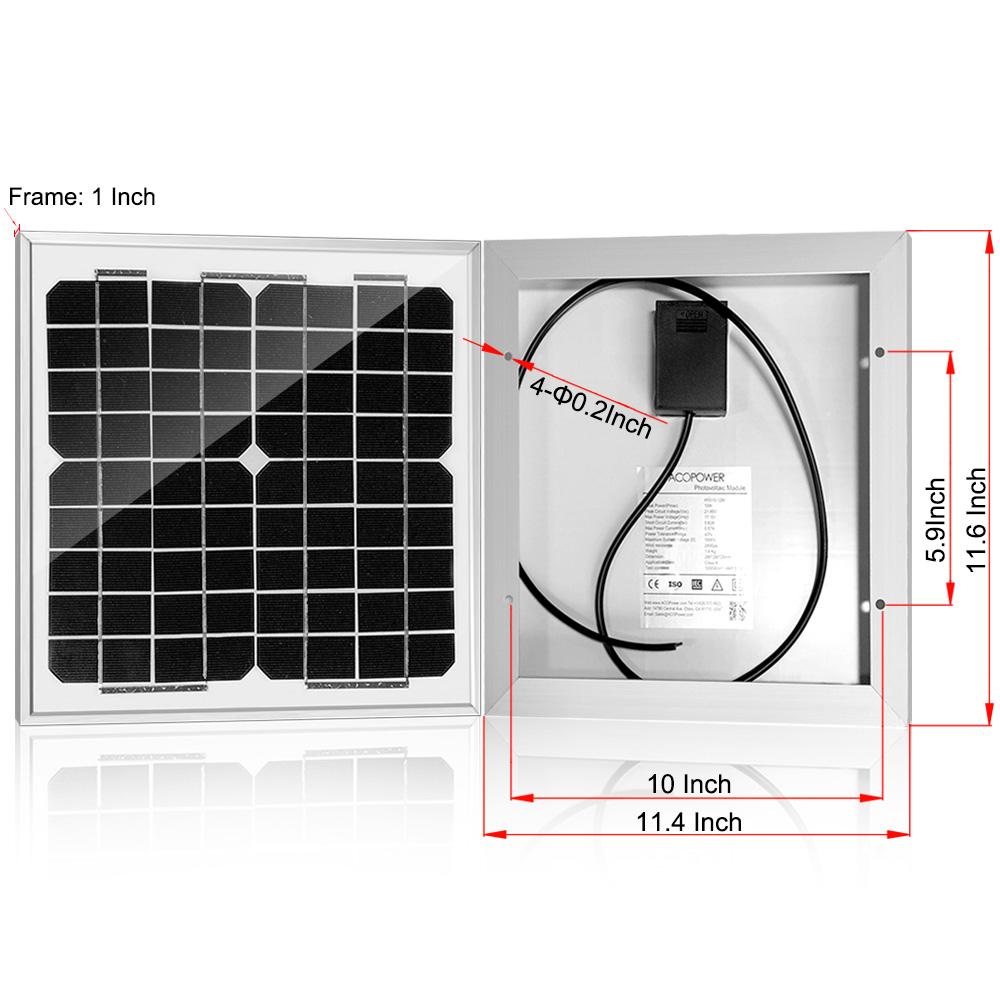 ACOPOWER 10W Mono Solar Panel designed for 12V battery charging, featuring a compact design with pre-drilled holes for easy installation.