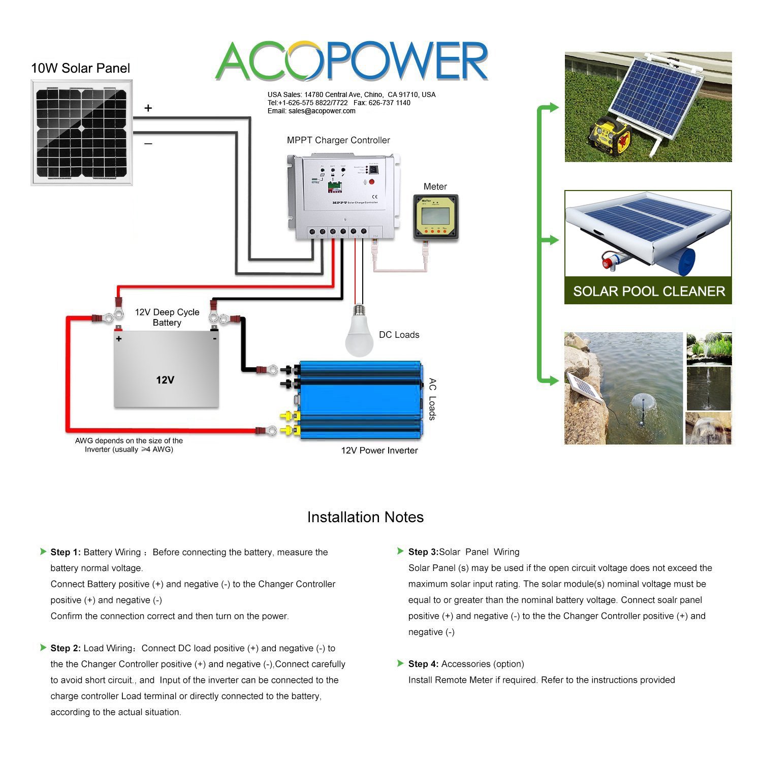 ACOPOWER 10W Mono Solar Panel designed for 12V battery charging, featuring a compact design with pre-drilled holes for easy installation.