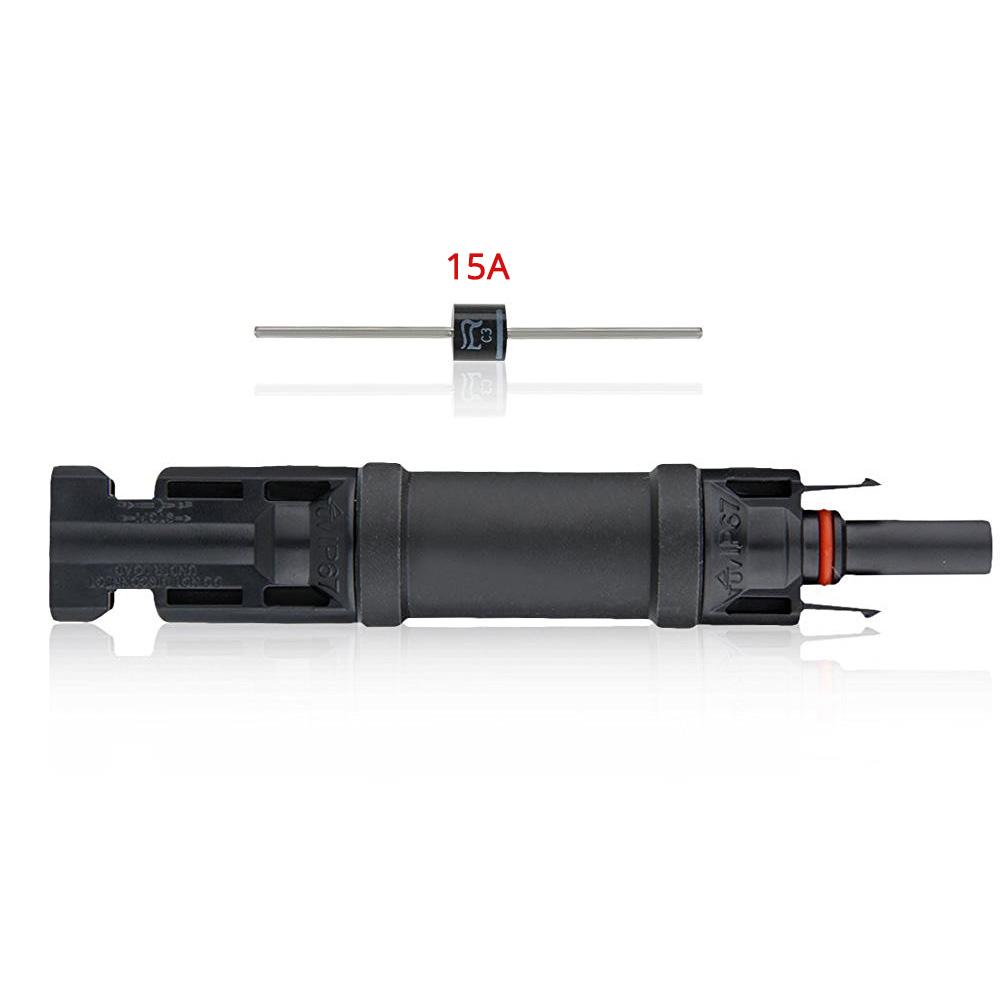 ACOPOWER 20A 4 Pair PV in-Line Diode Connector with copper contacts and rubber bushings, designed for solar panel installations.