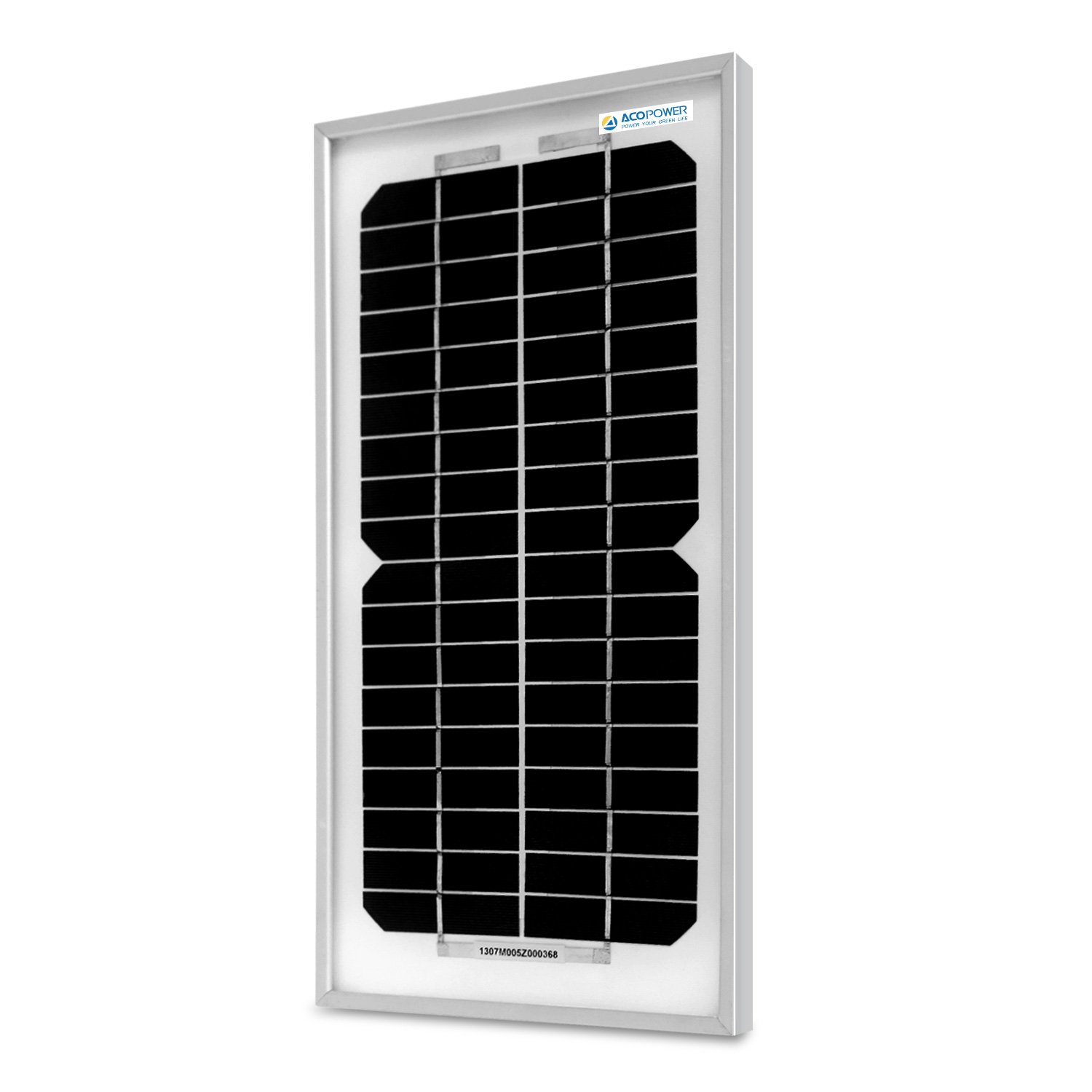 ACOPower 5 Watt Mono Solar Panel with pre-drilled holes and long cable, designed for 12V battery charging in off-grid applications.