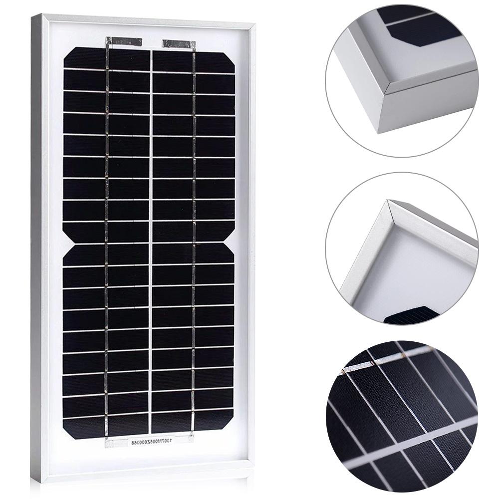 ACOPower 5 Watt Mono Solar Panel with pre-drilled holes and long cable, designed for 12V battery charging in off-grid applications.