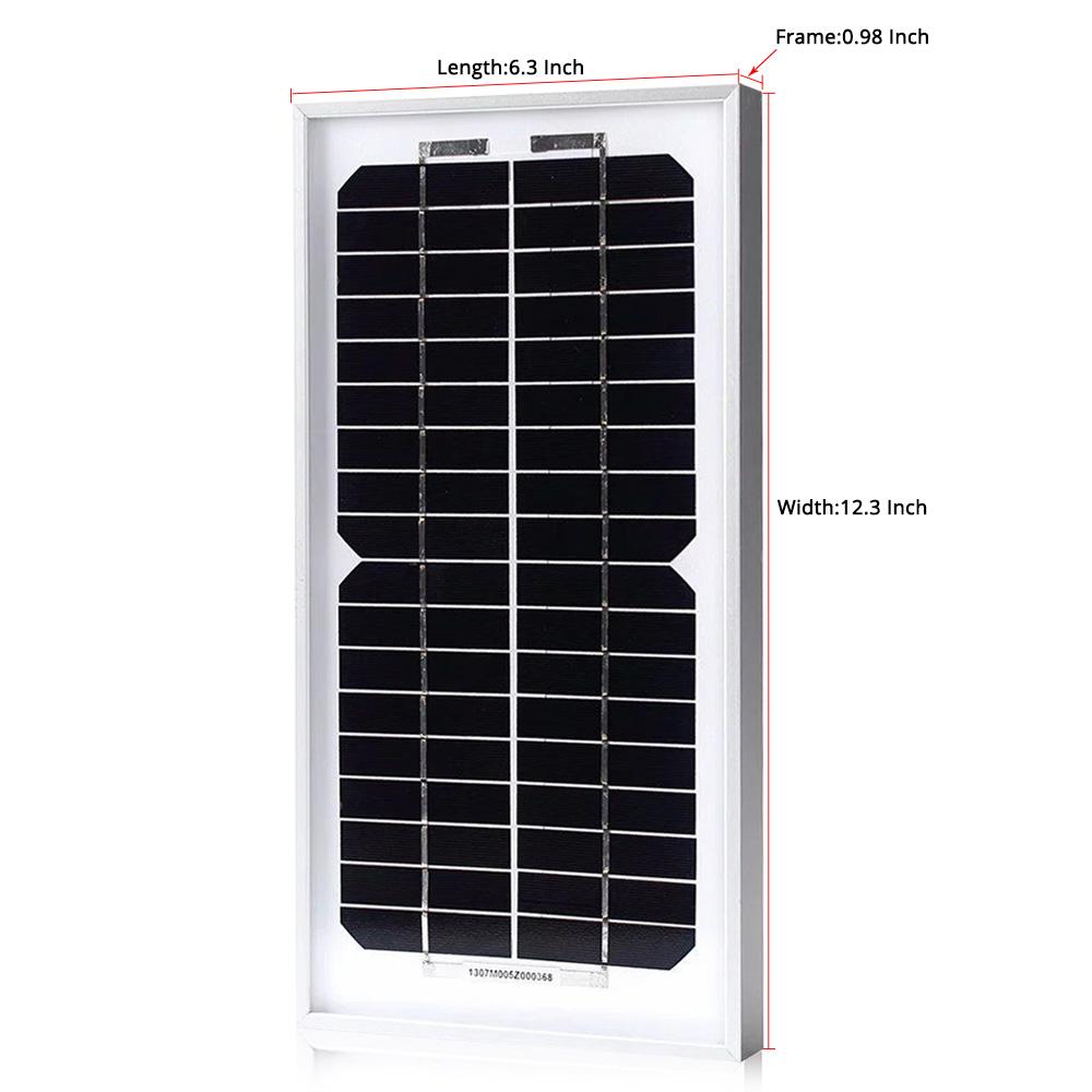 ACOPower 5 Watt Mono Solar Panel with pre-drilled holes and long cable, designed for 12V battery charging in off-grid applications.