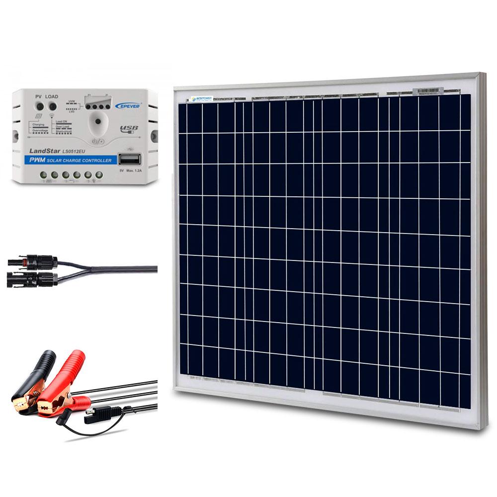 ACOPOWER 50W 12V Solar Charger Kit featuring a high-efficiency solar panel and a 10A charge controller, ideal for off-grid applications.