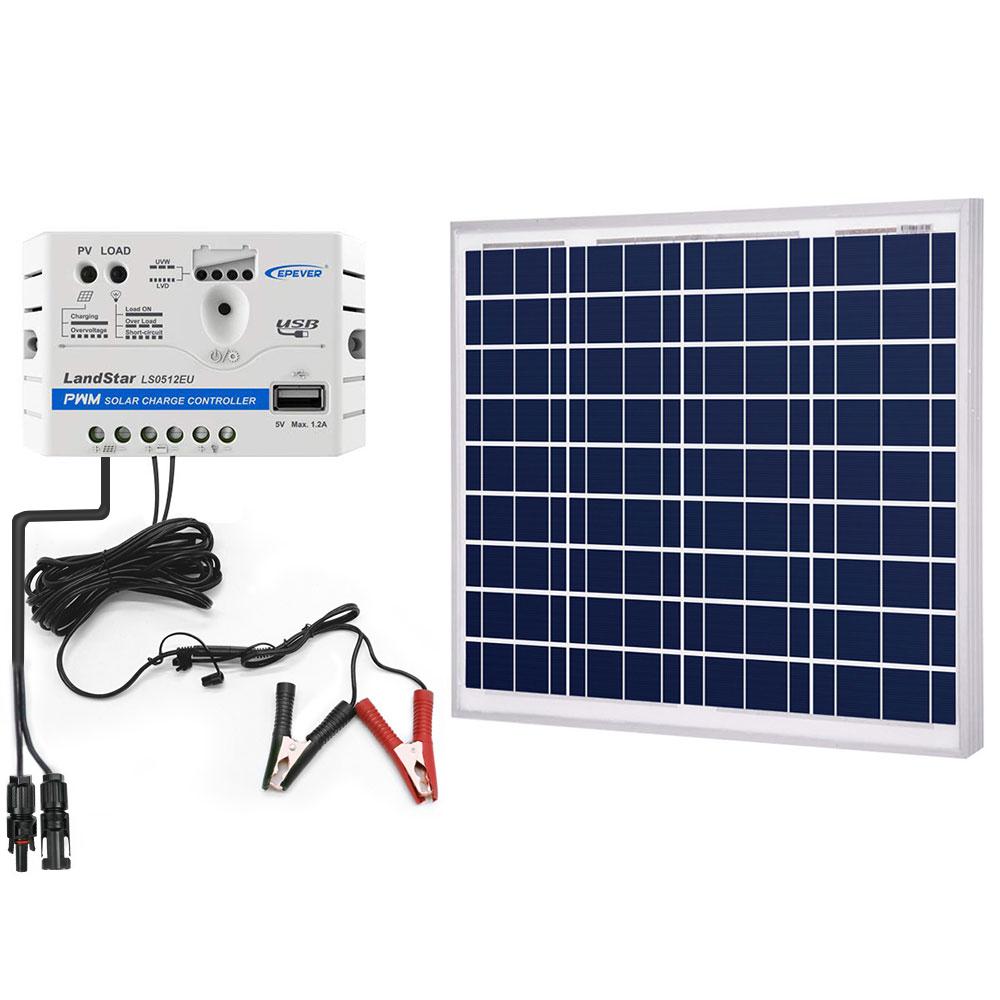 ACOPOWER 50W 12V Solar Charger Kit featuring a high-efficiency solar panel and a 10A charge controller, ideal for off-grid applications.