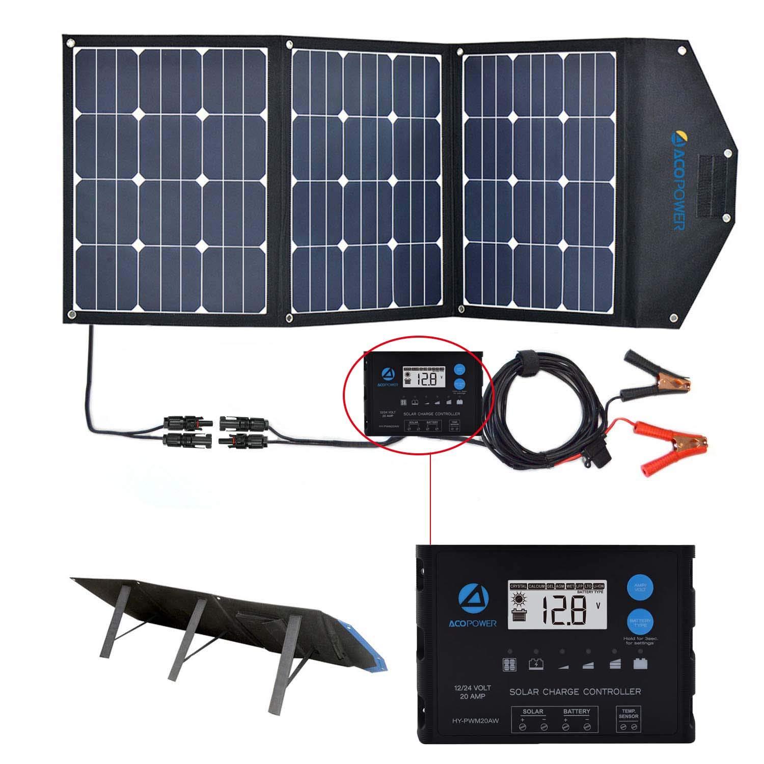 ACOPower 120W Foldable Solar Panel Kit with 20A charge controller, showcasing its portable design and included accessories for outdoor power solutions.