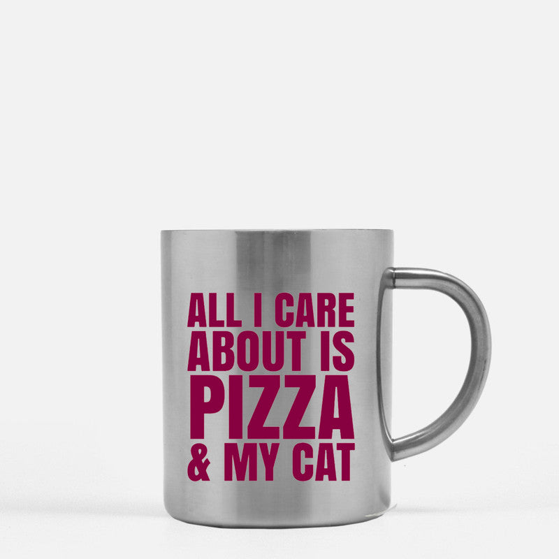 Ceramic gold and silver mug with cat and pizza design, perfect for coffee or tea.