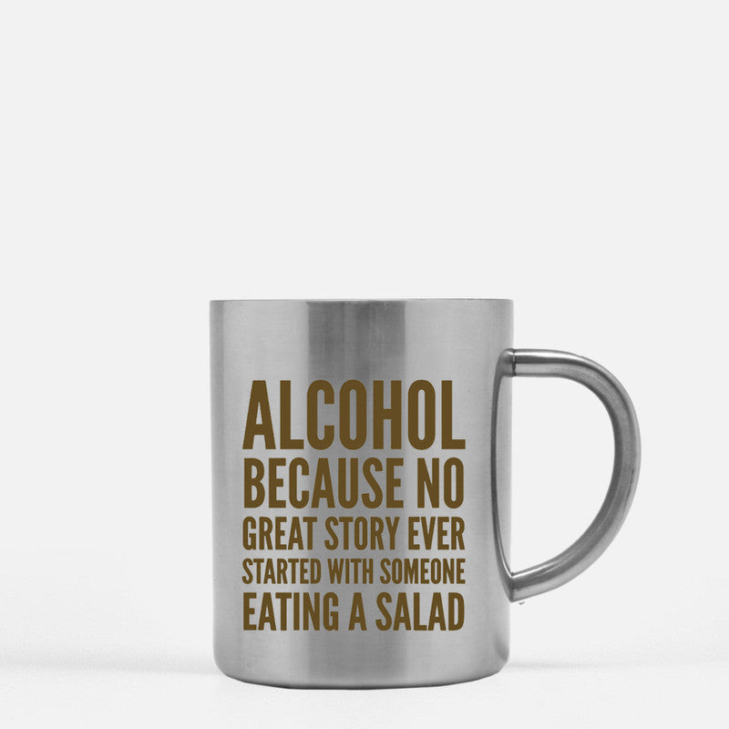 Ceramic mug with humorous quote about alcohol, featuring gold metallic coating.