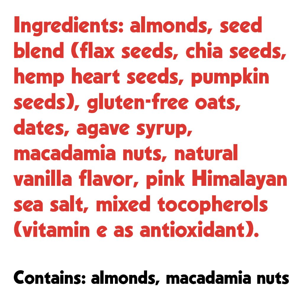 A box of 24 Almond Macadamia Mini Seed + Nut Bars, showcasing the delicious nut and seed blend.