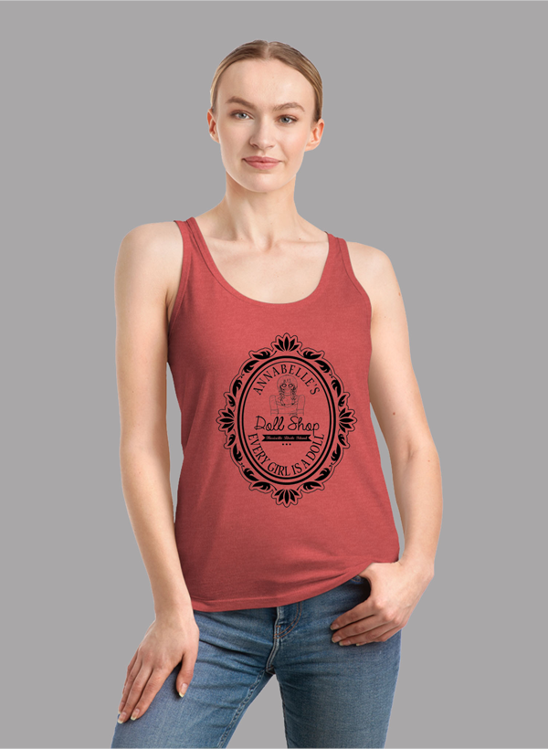 ANNABELLE'S Doll Shop Women Tank Top featuring a racer back style and curved hem, made from quick-drying fabric.