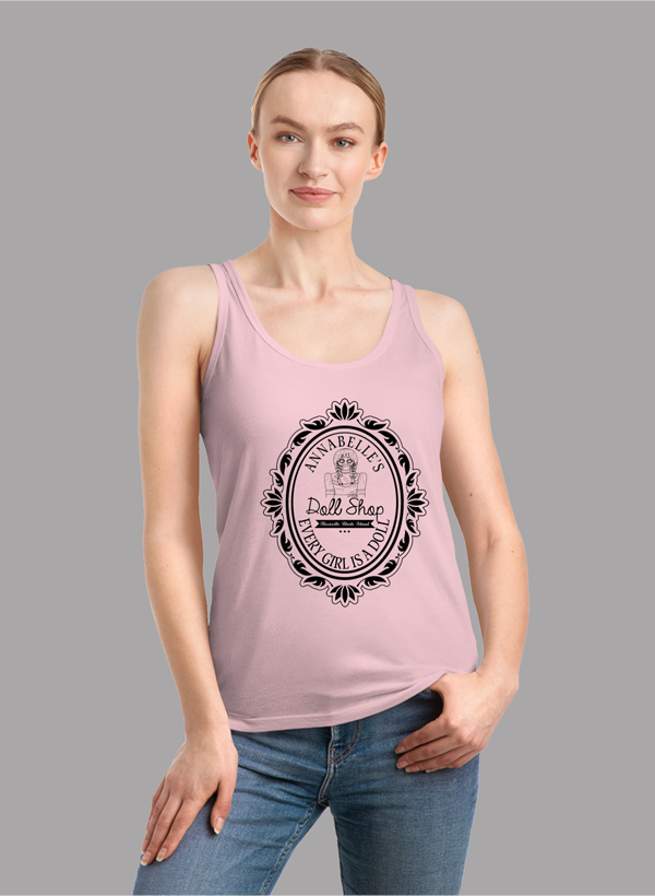 ANNABELLE'S Doll Shop Women Tank Top featuring a racer back style and curved hem, made from quick-drying fabric.