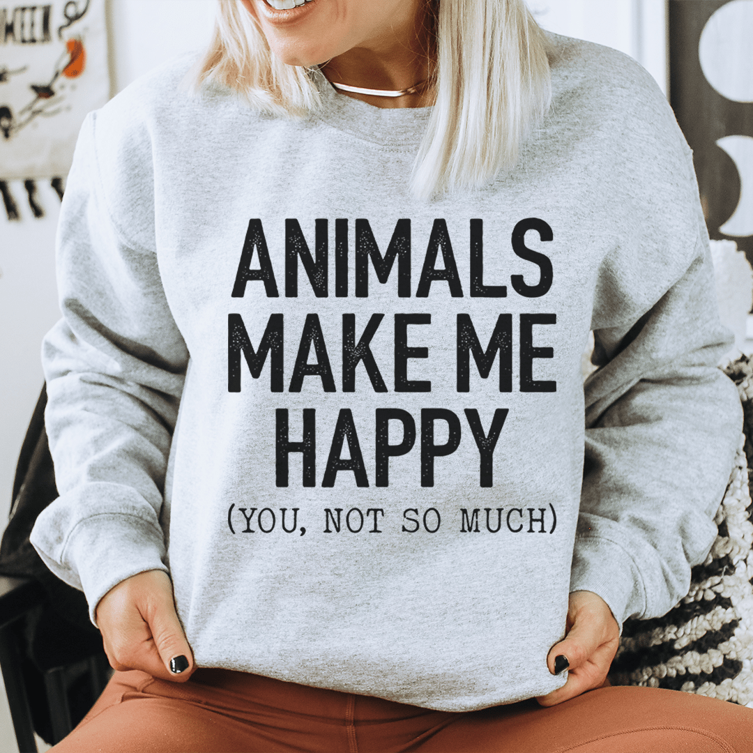 Cozy 'Animals Make Me Happy' sweats featuring unique animal designs by top artists, made from a warm cotton/poly fleece blend.