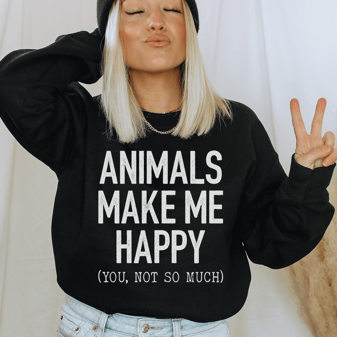 Cozy 'Animals Make Me Happy' sweats featuring unique animal designs by top artists, made from a warm cotton/poly fleece blend.