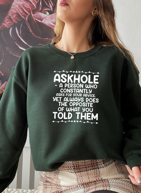 Askhole Sweat Shirt featuring unique artistic designs, made from a warm cotton/poly fleece blend with adjustable cuffs.