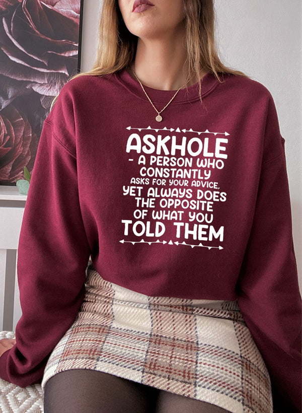 Askhole Sweat Shirt featuring unique artistic designs, made from a warm cotton/poly fleece blend with adjustable cuffs.