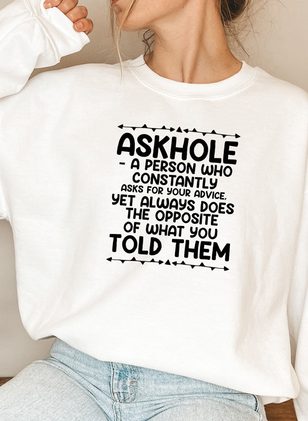 Askhole Sweat Shirt featuring unique artistic designs, made from a warm cotton/poly fleece blend with adjustable cuffs.